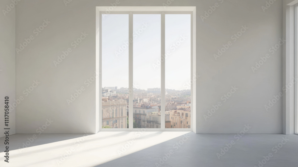 Obraz premium bright, minimalistic interior with large windows showcasing city skyline view. open space creates serene atmosphere, perfect for relaxation or inspiration