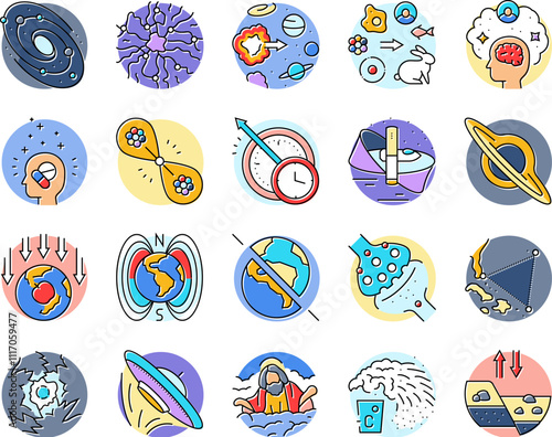 unsolved mysteries question icons set vector. dark matter, energy, origin of the universe life, consciousness, time travel, hole unsolved mysteries question color line illustrations