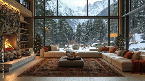 Salón con Vistas a un Bosque Nevado y Decoración Navideña