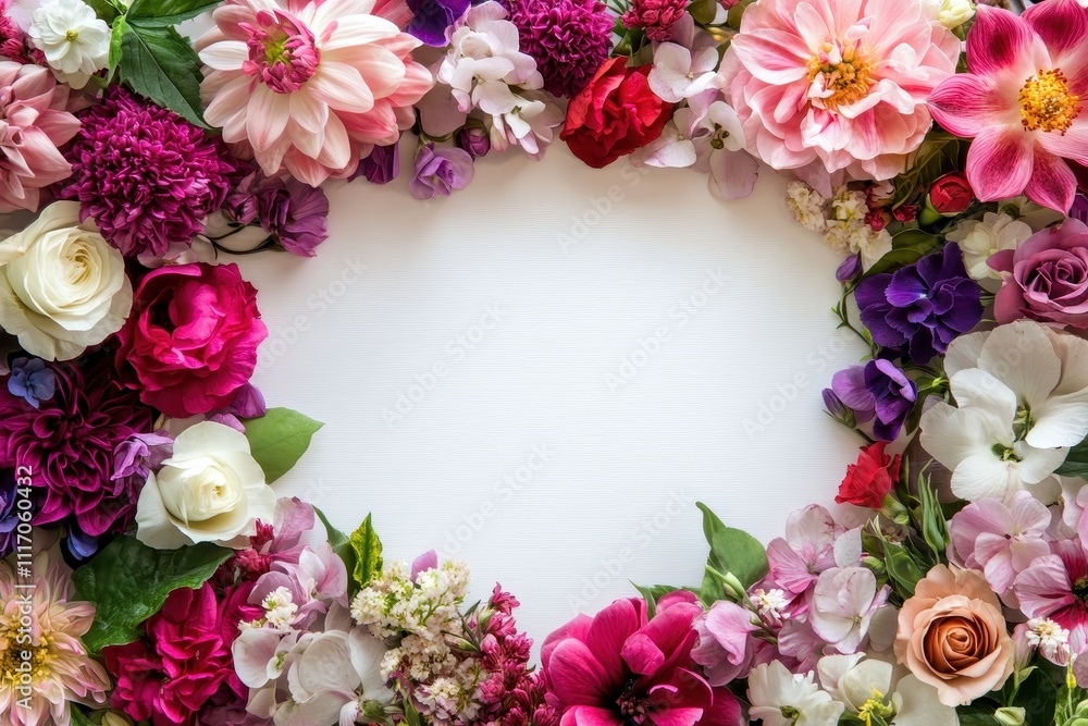 A vibrant floral frame made up of a variety of colorful flowers isolated on white background A vibrant floral frame made up of a variety of colorful flowers isolated on white background