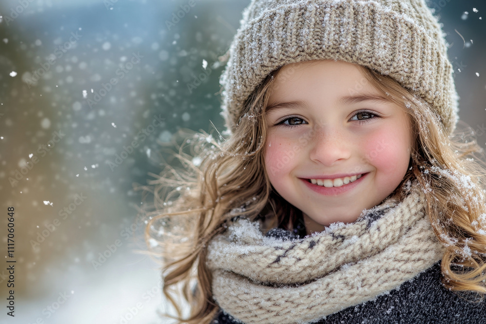 young girl with curly hair smiles warmly while wearing cozy hat and scarf in snowy setting. joyful expression captures beauty of winter young girl with curly hair smiles warmly while wearing cozy hat and scarf in snowy setting. joyful expression captures beauty of winter
