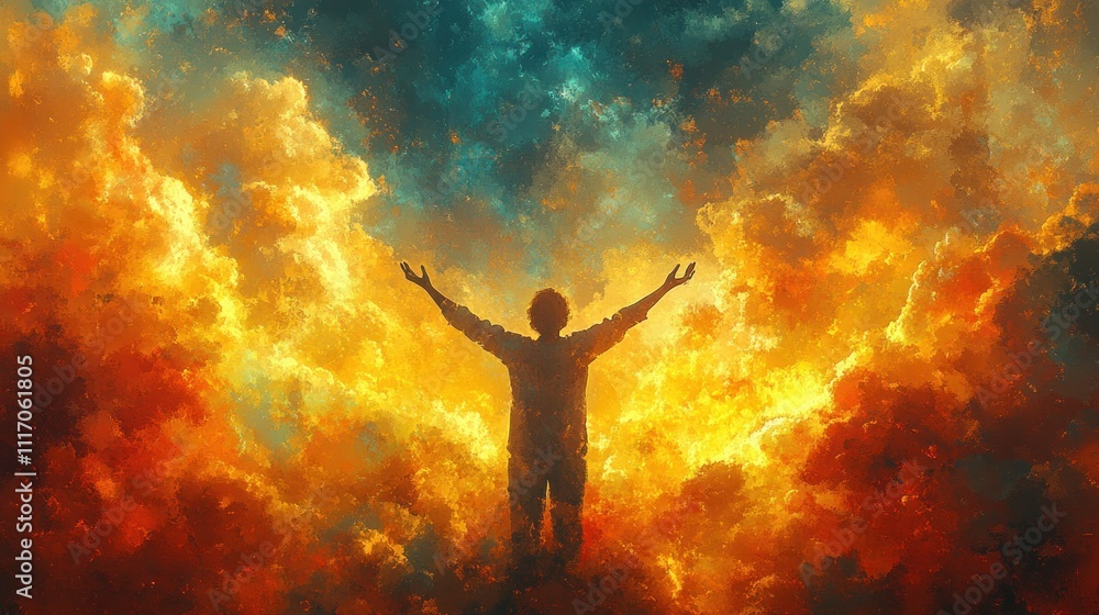 Jesus Christ in Worship with Arms Raised in Watercolor Watercolor Background and Copy Space Jesus Christ in Worship with Arms Raised in Watercolor Watercolor Background and Copy Space