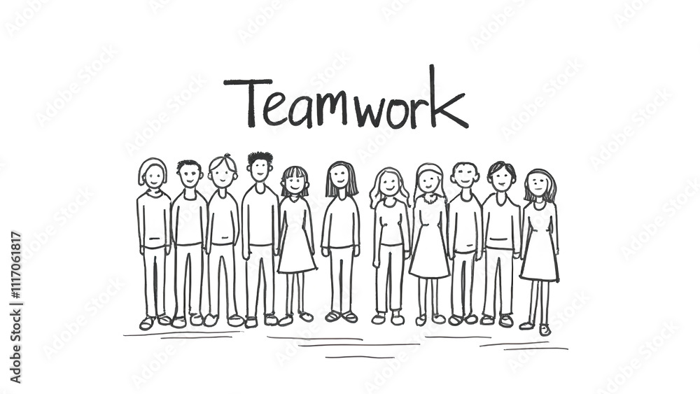 Hand-drawn sketch of a group of people standing together a team-work concept with the text Hand-drawn sketch of a group of people standing together a team-work concept with the text
