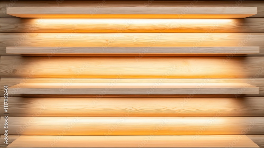 Fototapeta Winter heating and heater cozy, A set of wooden shelves illuminated by warm, soft lighting, creating a cozy and inviting atmosphere.