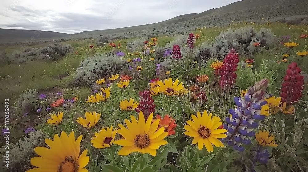 Fototapeta premium wide, untouched wilderness with rolling hills and vibrant wildflowers, representing a new covenant for sustainable living and harmony with nature. New Covenant Land 