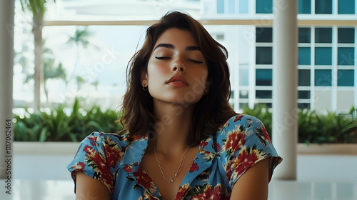Serene young woman with eyes closed, relaxing in a modern building. Free Download Serene young woman with eyes closed, relaxing in a modern building. - GFXLoad