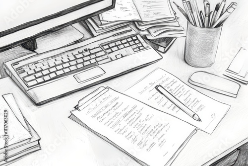 Monochrome Illustration of Research Materials on Desk