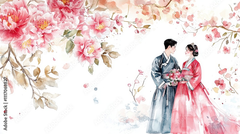 A romantic watercolor scene featuring a couple in traditional attire surrounded by beautiful pink blossoms. A romantic watercolor scene featuring a couple in traditional attire surrounded by beautiful pink blossoms.