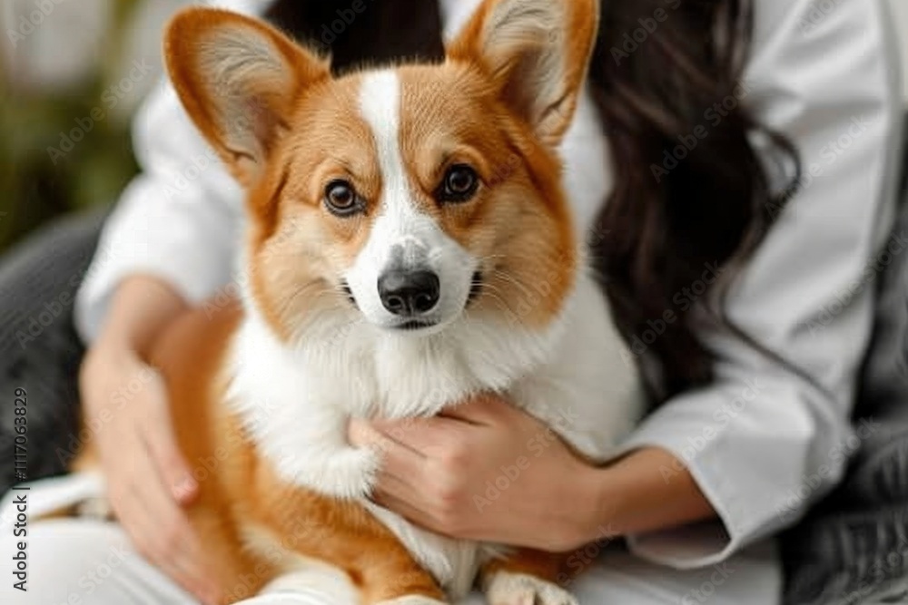 A woman is holding a small dog with a white face A woman is holding a small dog with a white face
