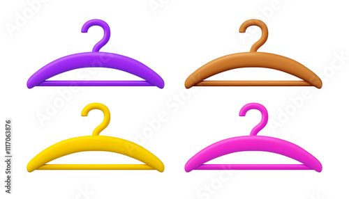 Clothing hanger vector 3d icon set. Cartoon cute simple wardrobe hook illustration, isolated on white background