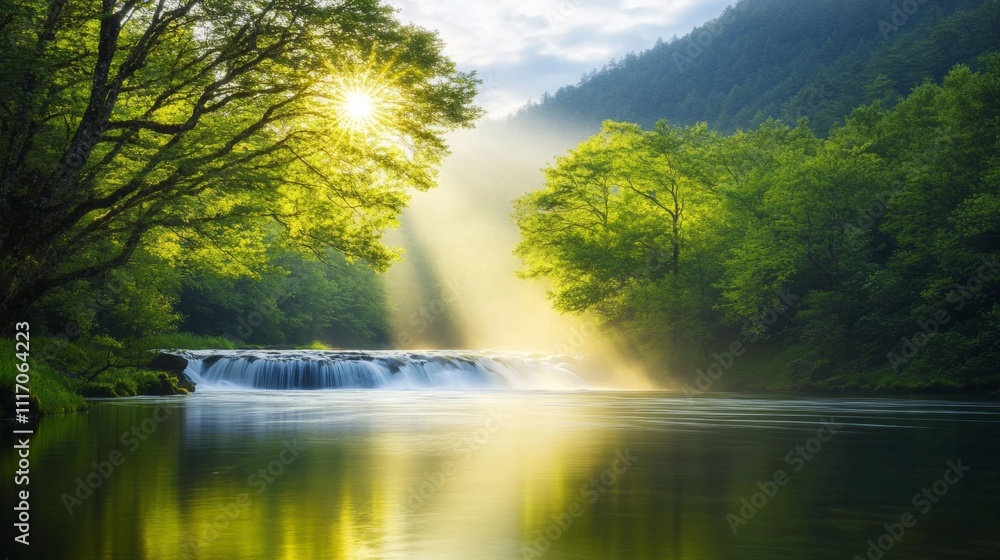 Obraz premium Serene Sunrise over Waterfall in Lush Forest.