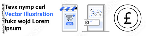 Mobile app with shopping cart icon, tablet displaying analytics chart, and pound currency symbol. Ideal for e-commerce, financial services, mobile applications, analytics, online shopping, retail