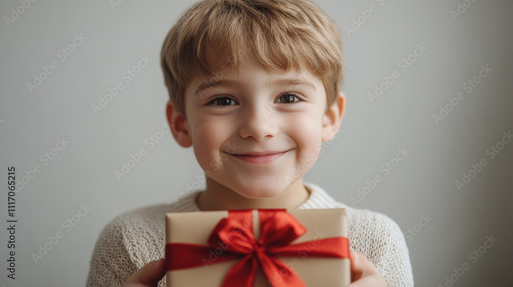 Happy boy holding gift box with red ribbon, expressing joy and excitement. This close up captures essence of childhood happiness and thrill of giving Happy boy holding gift box with red ribbon, expressing joy and excitement. This close up captures essence of childhood happiness and thrill of giving