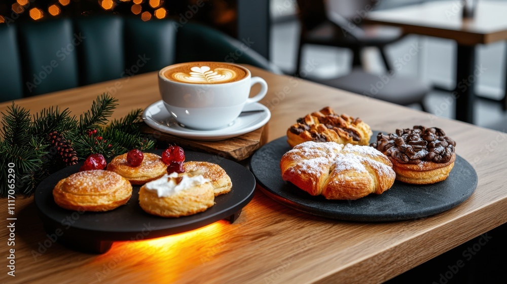 Winter heating and heater cozy, A cozy coffee scene featuring a cup of latte alongside an assortment of pastries on slate plates, set in a warm, inviting atmosphere. Winter heating and heater cozy, A cozy coffee scene featuring a cup of latte alongside an assortment of pastries on slate plates, set in a warm, inviting atmosphere.