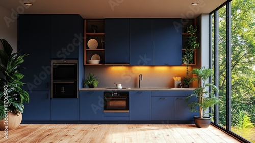 Wallpaper Mural Modern Kitchen Interior with Blue Cabinetry and Indoor Plants in Minimalist Design Torontodigital.ca