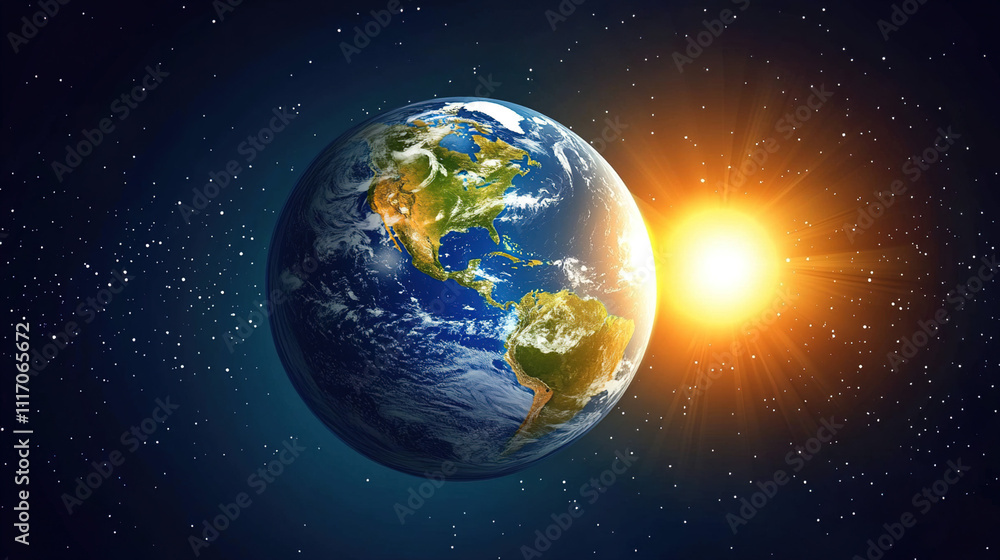 Fototapeta premium Earth axis diagram illustration showing the tilt of the Earth's rotational axis relative to its orbital plane, explaining the cause of seasonal changes and the distribution of sunlight.