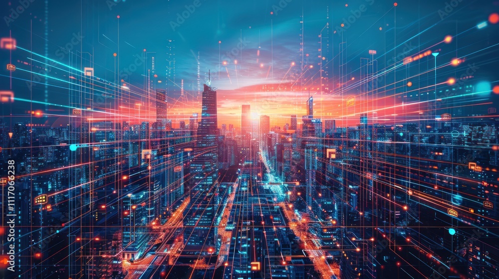 Futuristic cityscape at sunrise with digital network overlay. Futuristic cityscape at sunrise with digital network overlay.