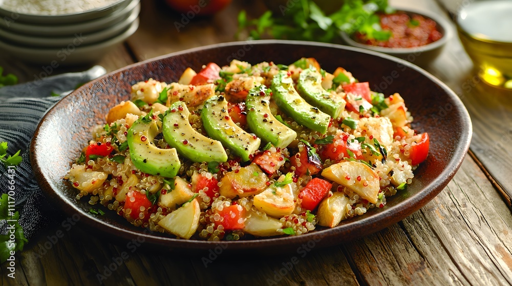 Healthy Quinoa Salad with Avocado and Vegetables Rustic Kitchen Food Photography Natural Light Fresh Ingredients Healthy Quinoa Salad with Avocado and Vegetables Rustic Kitchen Food Photography Natural Light Fresh Ingredients