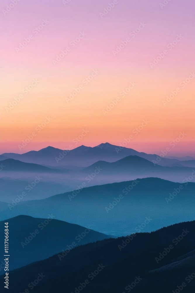Obraz premium Serene mountain landscape at sunset with layered hills and soft colors.