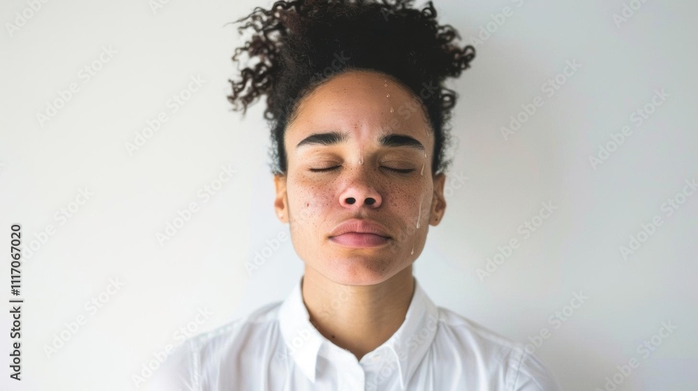 Obraz premium A woman with closed eyes, expressing emotion and vulnerability.