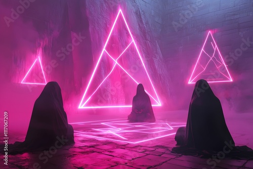 Futuristic Ritualistic Scene with Cloaked Figures in Neon-Lit Surroundings