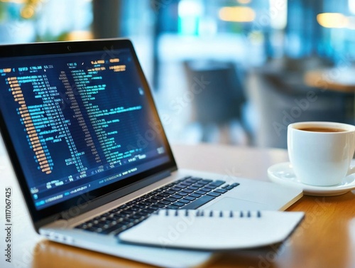 Laptop Shows Code, Programmer Drinks Coffee, Remote Work Concept