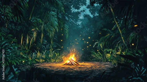 Fototapeta Naklejka Na Ścianę i Meble -  A serene jungle campsite with a glowing campfire surrounded by lush greenery and fireflies.