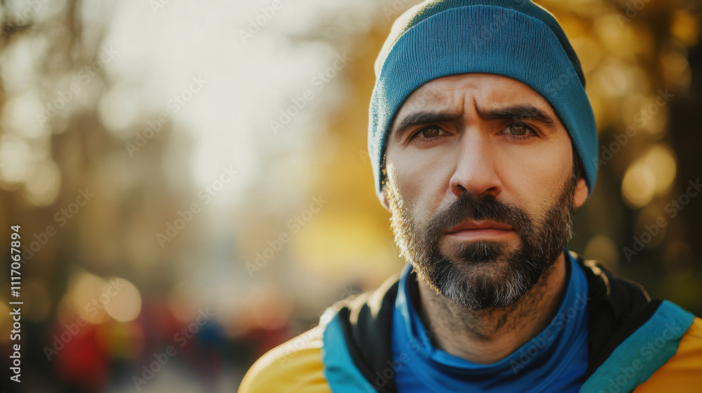 Focused man in blue beanie and jacket, showing determination after running. His serious expression reflects effort of race Focused man in blue beanie and jacket, showing determination after running. His serious expression reflects effort of race