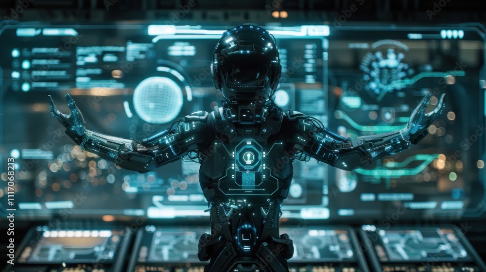 Futuristic robot interacting with holographic interface. Futuristic robot interacting with holographic interface.
