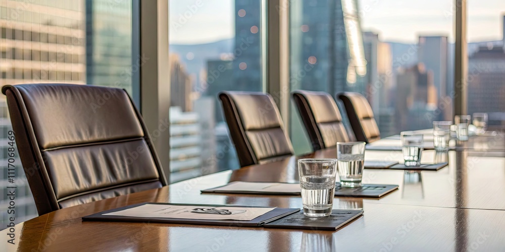 A group of people are sitting at a long table with a view of the city A group of people are sitting at a long table with a view of the city