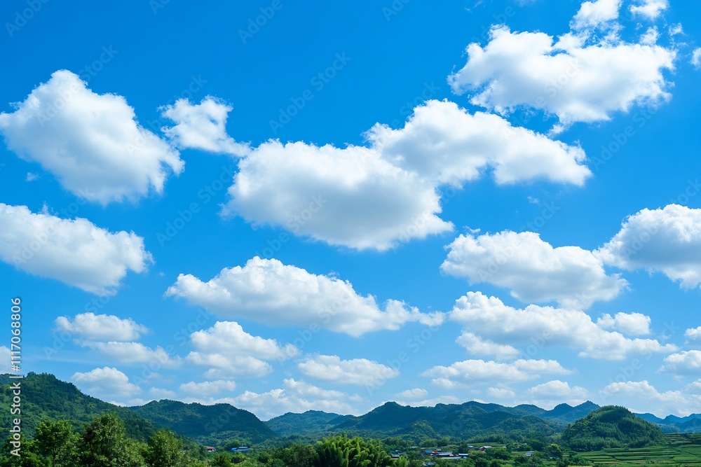 Vast Blue Sky Over Green Mountains and Charming Villages Vast Blue Sky Over Green Mountains and Charming Villages