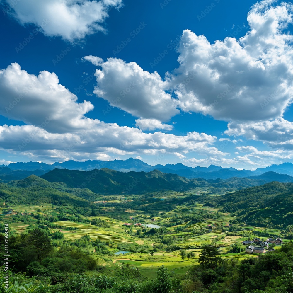 Obraz premium Vast Blue Sky Over Green Mountains and Charming Villages