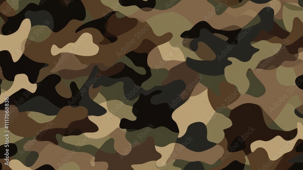Fototapeta premium Military camouflage background with classic green, brown, and black tones in a seamless pattern suitable for print and digital use