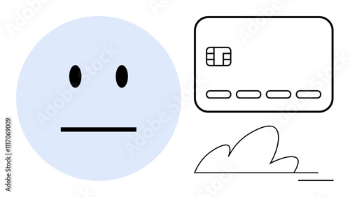 Neutral face emotion beside a credit card and a cloud. Ideal for emotions, financial services, online payments, digital security, e-commerce, technology, and web services. Line metaphor
