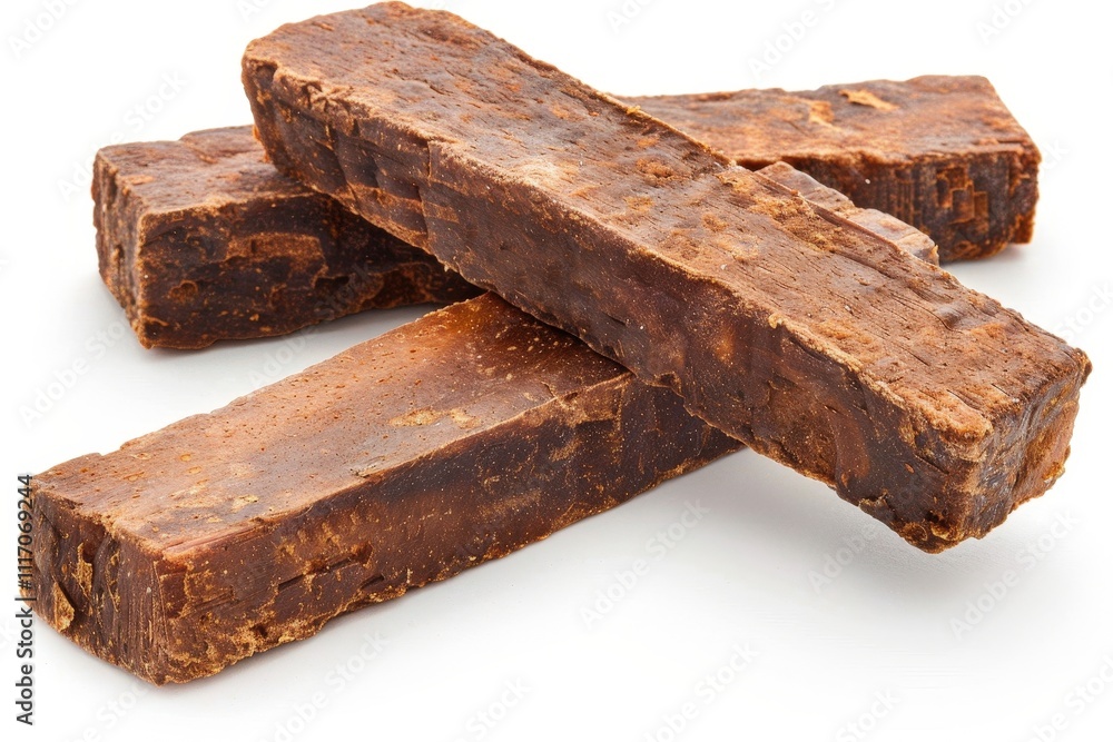 Three brown sticks of something on a white background