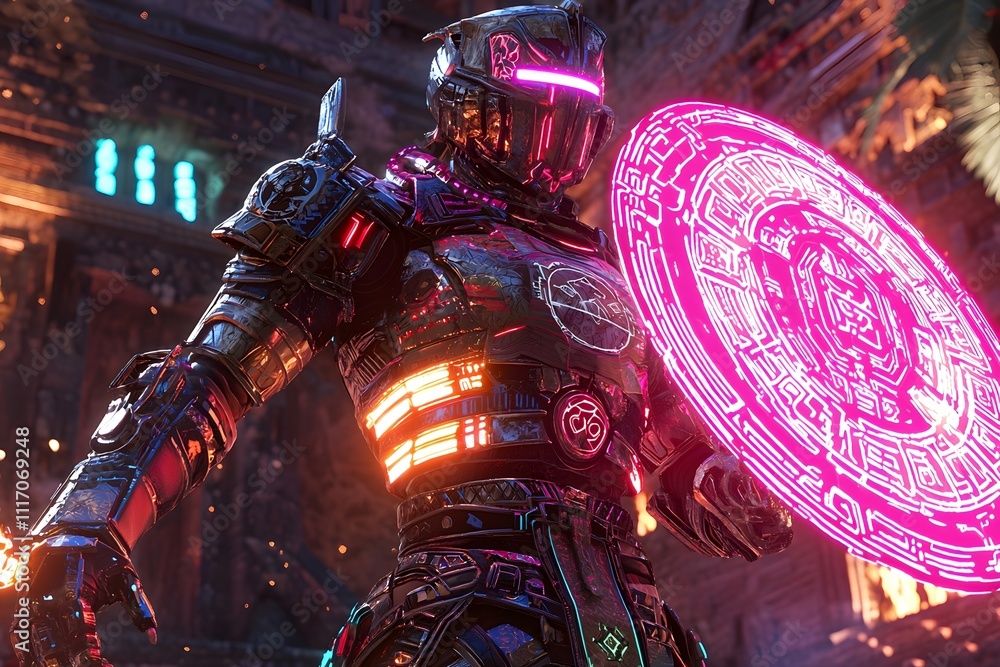 Futuristic Aztec Guardian Energy Shield at Neon Temple Futuristic Aztec Guardian Energy Shield at Neon Temple