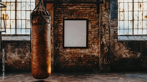 Mockup of brick wall building interior with hanging boxing bags and picture frames on the wall
