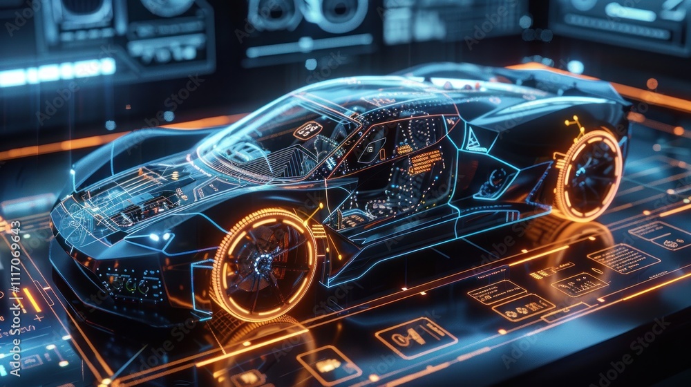 Futuristic car design, digital blueprint, glowing lines, engineering, technology. Futuristic car design, digital blueprint, glowing lines, engineering, technology.
