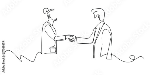 continuous line shaking hands welcoming new colleagues.one line drawing of shaking hands in business agreement.single line vector illustration.isolated white background