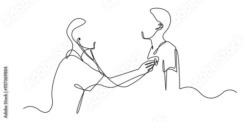 continuous line of doctor with stethoscope examining a man.one line drawing of heartbeat checking.single line of doctor working.isolated white background