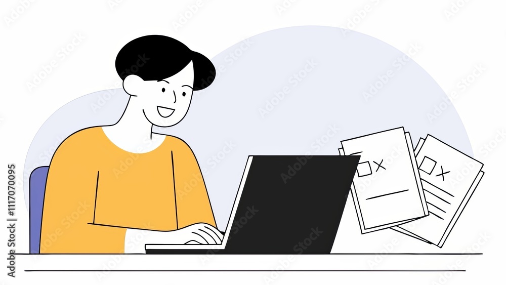 A young man is sitting at a desk with a laptop open in front of him A young man is sitting at a desk with a laptop open in front of him