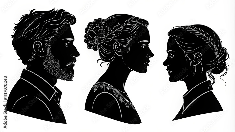 Three silhouettes of people with one of them wearing a flower in her hair Three silhouettes of people with one of them wearing a flower in her hair