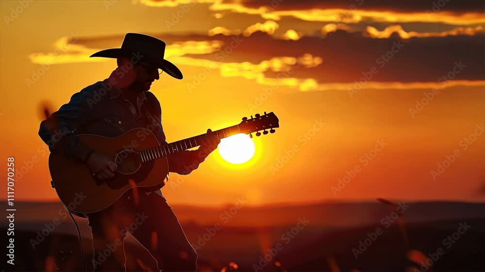 Silhouette of man playing guitar at sunset, capturing tranquility and connection to nature in serene outdoor landscape, embodying essence of country music and warm colors.