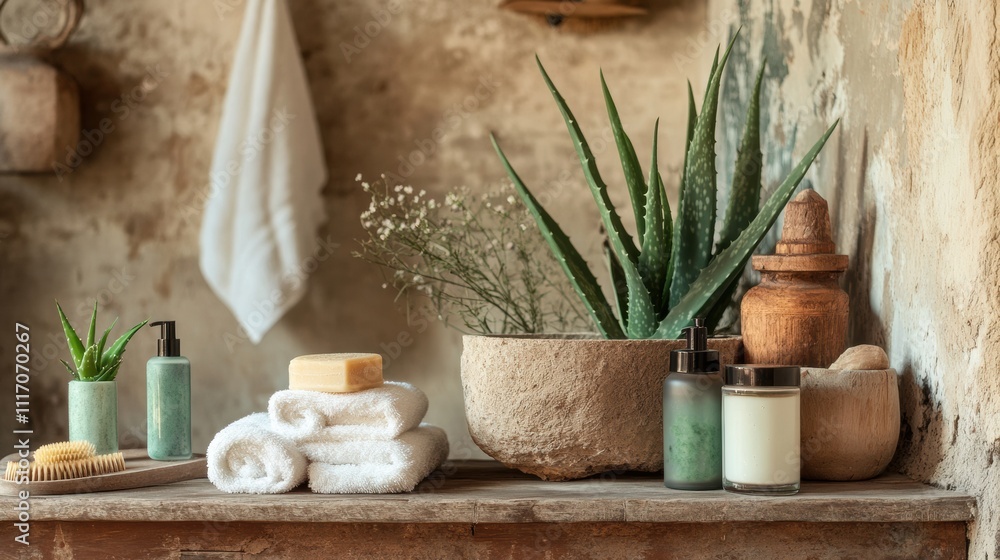 Natural cleansing products with organic ingredients like aloe vera, displayed in a rustic bathroom Natural cleansing products with organic ingredients like aloe vera, displayed in a rustic bathroom