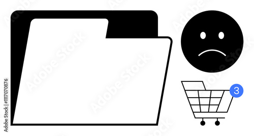Digital file folder, sad face emotion, and shopping cart with notification icon featuring the number three. Ideal for digital organization, emotions, e-commerce, notifications, productivity, file