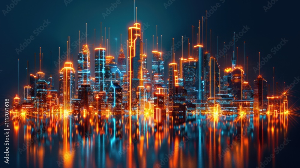 Futuristic city skyline at night, glowing with digital energy. Futuristic city skyline at night, glowing with digital energy.