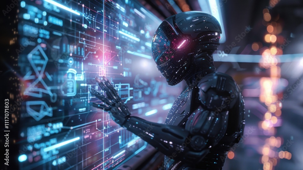 Futuristic robot interacting with holographic interface. Futuristic robot interacting with holographic interface.