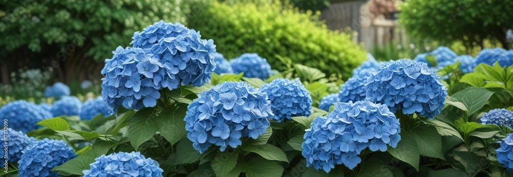 Large clusters of vibrant blue hydrangea flowers in full bloom against a bright green garden background, hortensia, garden, flowers Large clusters of vibrant blue hydrangea flowers in full bloom against a bright green garden background, hortensia, garden, flowers