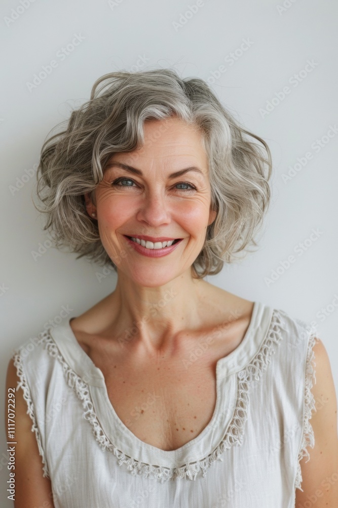 photograph of Joyful mature woman with short wavy gray hair smiling ...
