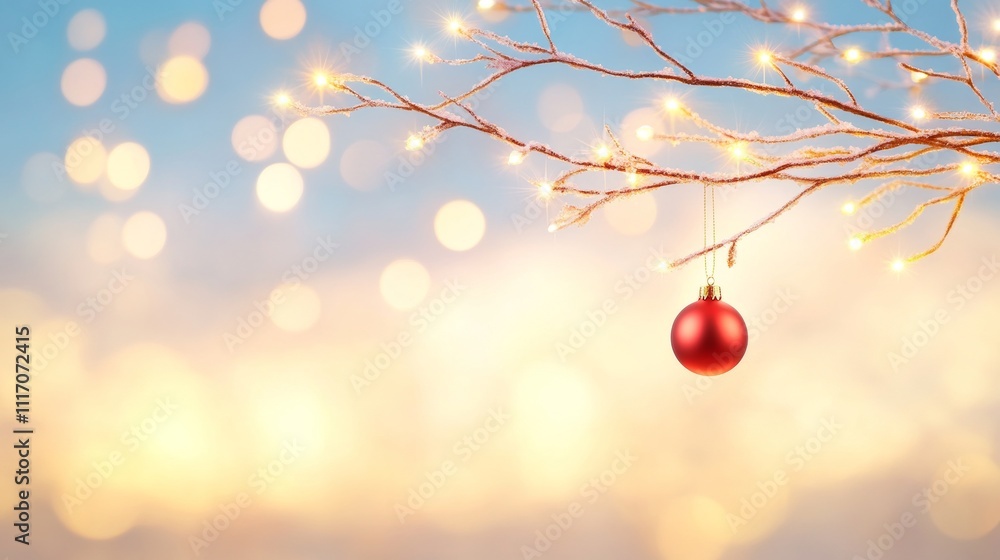 Fototapeta premium Festive Christmas Ornament on Snowy Branch with Sparkling Lights